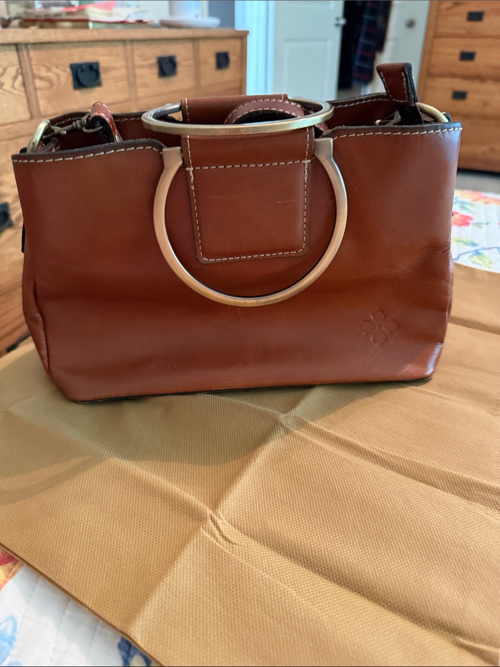 Patricia Nash Saddle Brown Leather Mini Tote With Gold Ring Handles